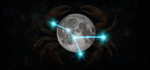 The moon sits on top of a depiction of a crab, while the constellation for the Astrological sign of Cancer glows in the foreground