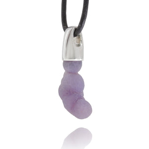 Necklace with a silver clasp and purple grape agate crystal cluster pendant on a white background