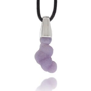 Necklace with a black cord and sterling silver and purple grape agate crystal cluster pendant on a white background