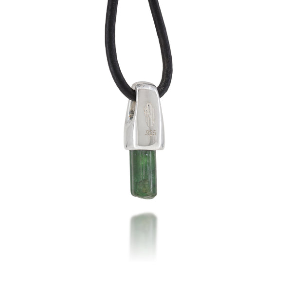 Necklace with a green crystal and sterling silver pendant showing the Astronumen logo and .925 stamp on a white background