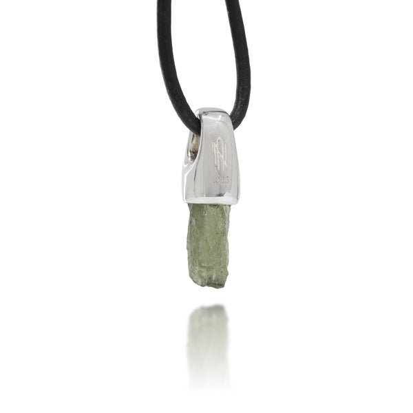 Necklace with silver and natural moldavite crystal and black cord on white background, showing the Astronumen logo and .925 silver etching