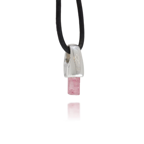 Necklace with a silver and pink cylindrical tourmaline crystal pendant on a white background showing the Astronumen logo and .925 Sterling Silver stamp